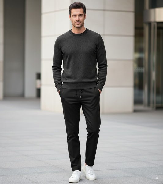 Black Crew Neck 10% Cashmere 90% Wool Plain Knit