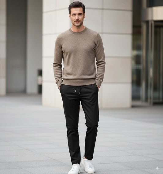 Beige Crew Neck 10% Cashmere 90% Wool Plain Knit