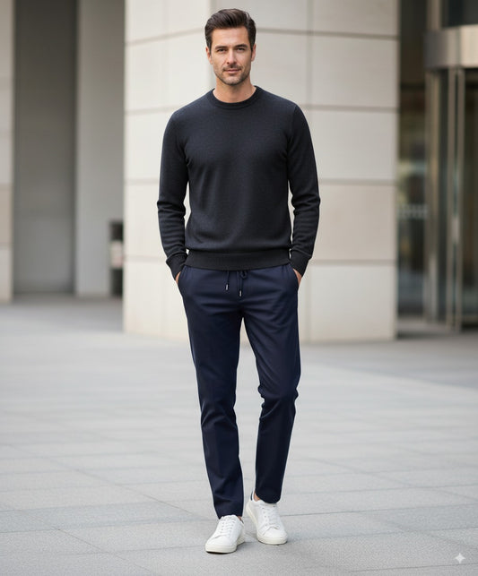 Navy Crew Neck 10% Cashmere 90% Wool Plain Knit