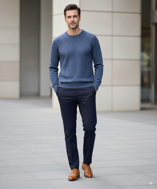 Light Blue Crew Neck 100% Cashmere Cable Knit