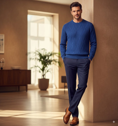 Mid Blue Crew Neck 100% Cashmere Cable Knit