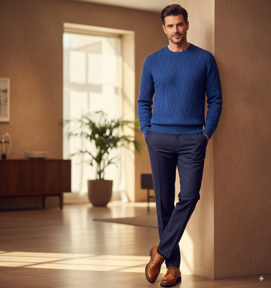 Mid Blue Crew Neck 100% Cashmere Cable Knit