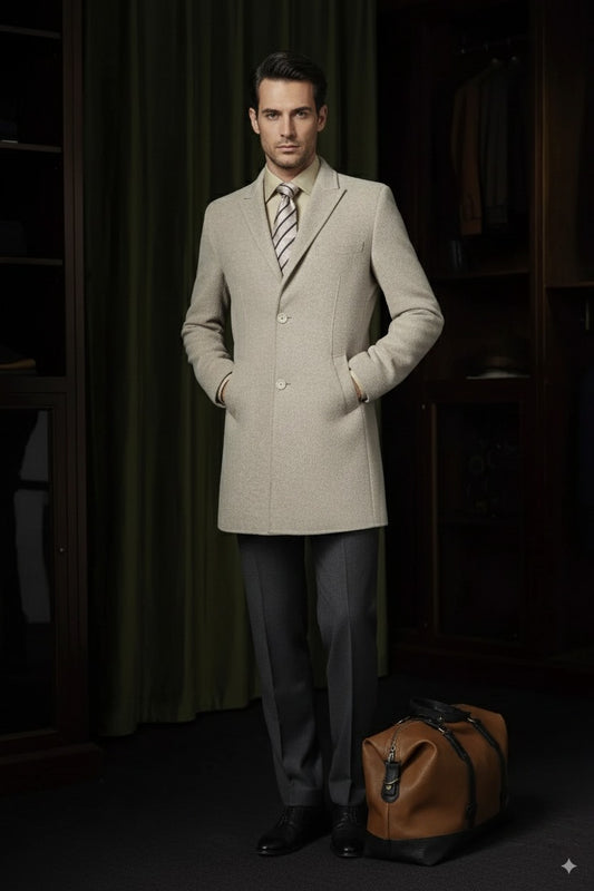Beige Wool and Silk Single Breasted Overcoat Style No DBV100A
