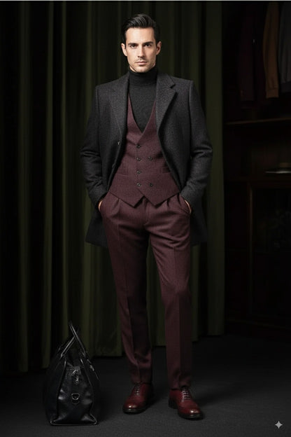 Black and Burgundy Single Breasted Overcoat Style No DBU9046