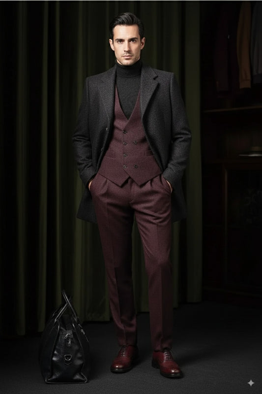 Black and Burgundy Single Breasted Overcoat Style No DBU9046