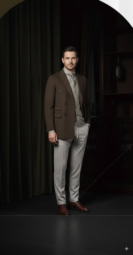 Brown Cashmere Wool and Silk Double Breasted Overcoat Style No DBU9540