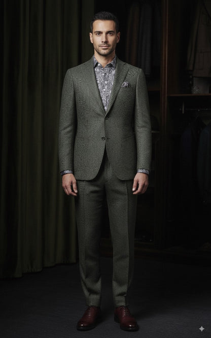 Green Herringbone Wool Single Breasted Jacket / Plus Matching Wool Trousers