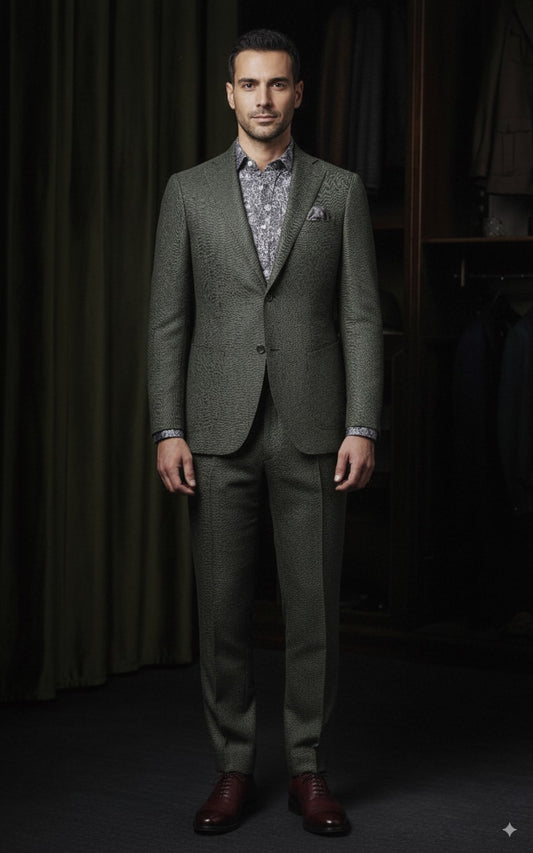Green Herringbone Wool Single Breasted Jacket / Plus Matching Wool Trousers