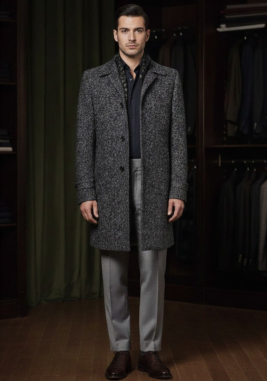 Grey and Black Twill Single Breasted Overcoat Style No DBU9042