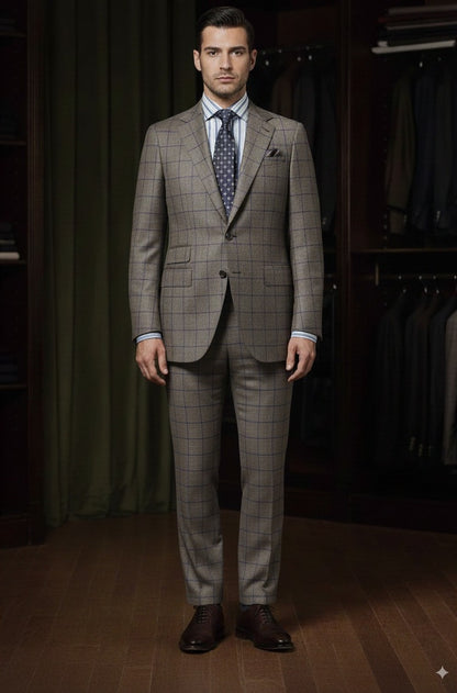 Grey and Navy Check Wool Single Breasted Jacket / Plus Grey and Navy Trousers