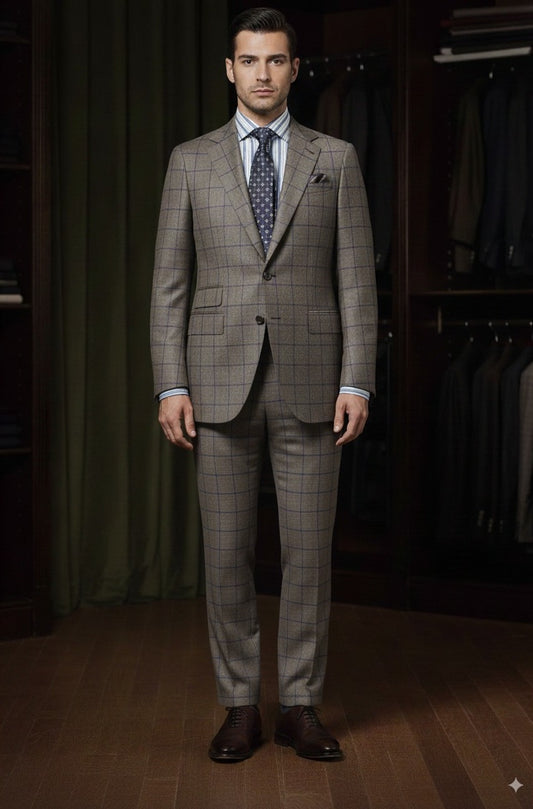 Grey and Navy Check Wool Single Breasted Jacket / Plus Grey and Navy Trousers