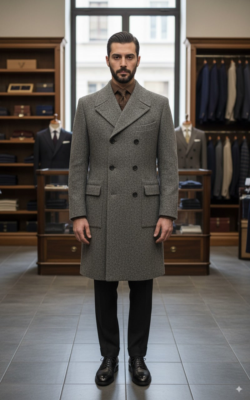 Grey Herringbone Wool Double Breasted Overcoat Style No DHH0014