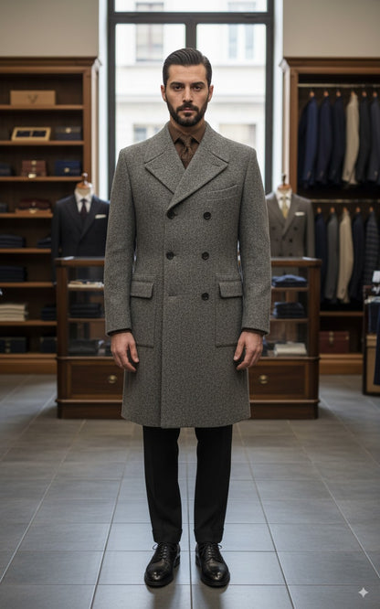 Grey Herringbone Wool Double Breasted Overcoat Style No DHH0014