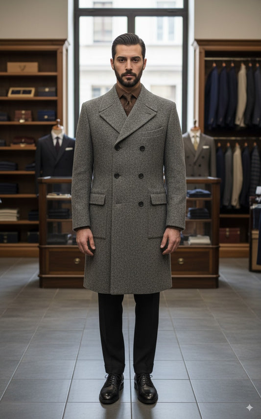 Grey Herringbone Wool Double Breasted Overcoat Style No DHH0014