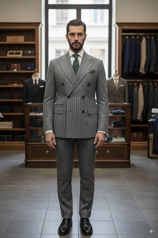 Grey Pinstripe Double Breasted Jacket / Plus Grey Pinstripe Trousers