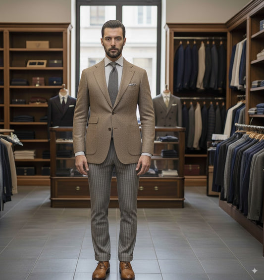 Light Brown Wool and Cashmere Single Breasted Jacket / Plus Pinstripe Wool Trousers