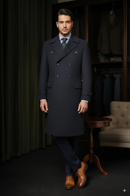 Navy Wool Double Breasted Overcoat Style DBQ568A