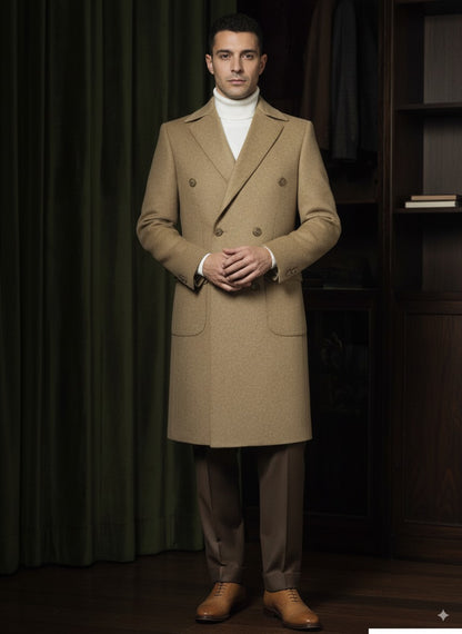 Tan Wool and Cashmere Double Breasted Overcoat Style DBU9075