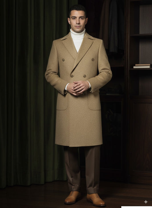 Tan Wool and Cashmere Double Breasted Overcoat Style DBU9075