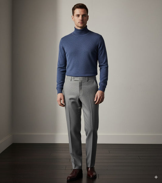 Blue Roll Neck 10% Cashmere 90% Wool/ Plain Knit