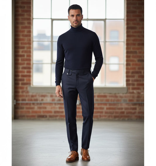 Navy Roll Neck 10% Cashmere 90% Wool/ Plain Knit