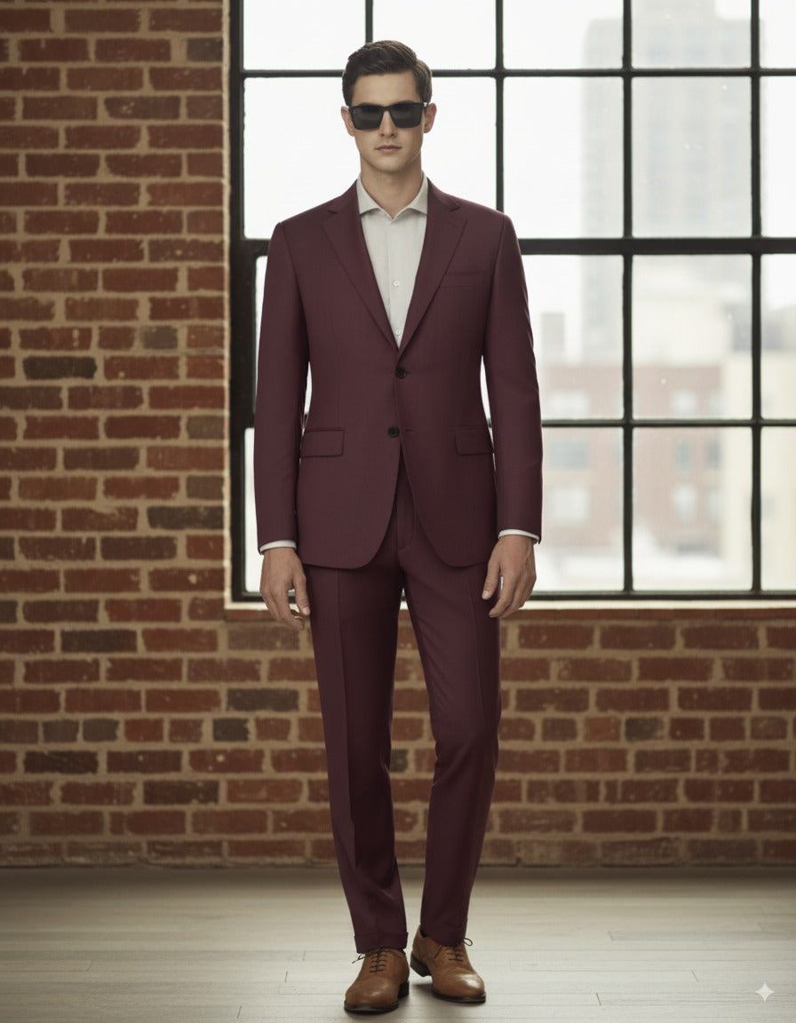 Maroon Single Breasted / Two Piece Suit Italian Pure Wool Super 110'S