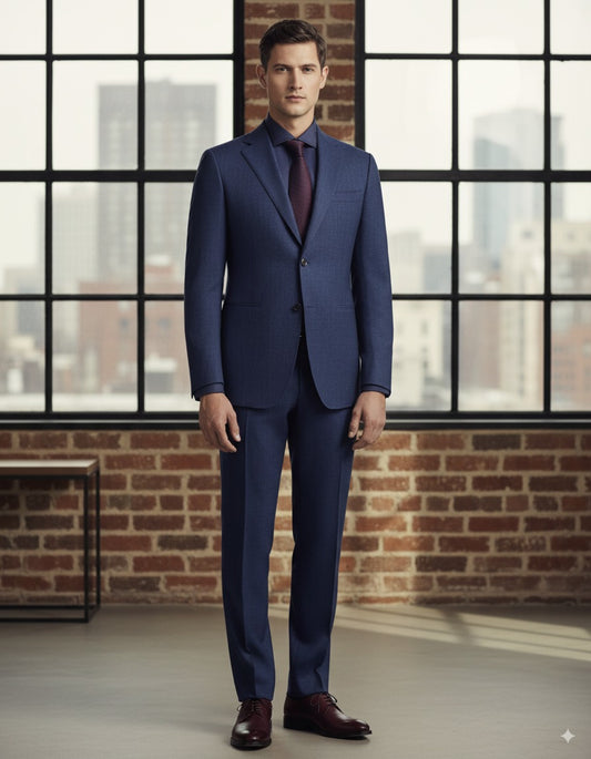 Blue Herringbone Single Breasted / Two Piece Suit Italian Pure Wool Super 110'S