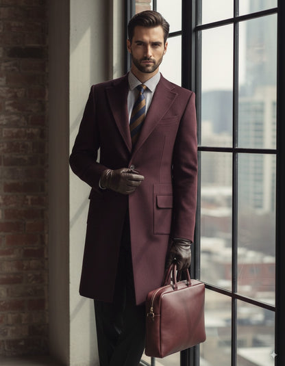 Wine / Red Single Breasted Overcoat Wool Style (SB1) E60226/500