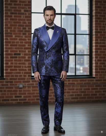 Tuxedo Blue and Navy Patterned Brocade Jacket  / Style Number J39144/200