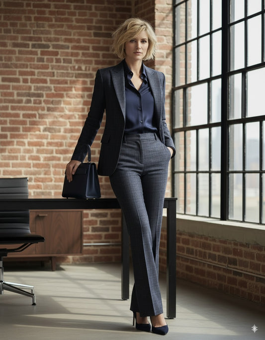 Women's Grey / Blue Check Single Breasted / Two Piece Suit Italian Pure Wool Super 110'S