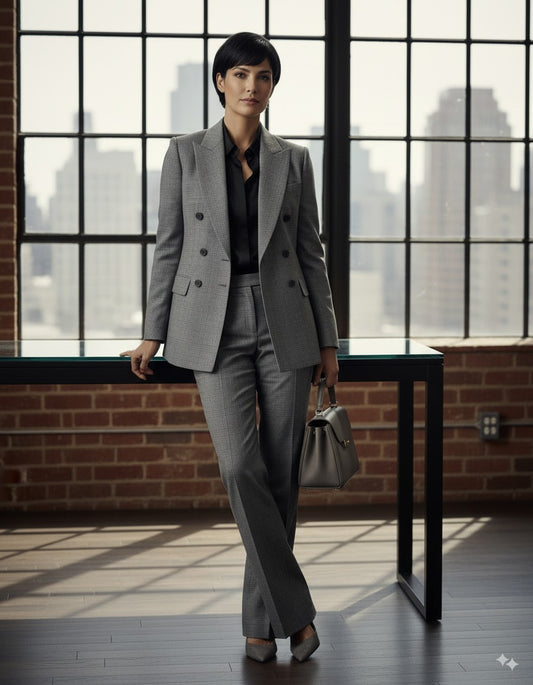 Women's Light Grey/ POW Check Double Breasted / Two Piece Suit Italian Pure Wool Super 110'S