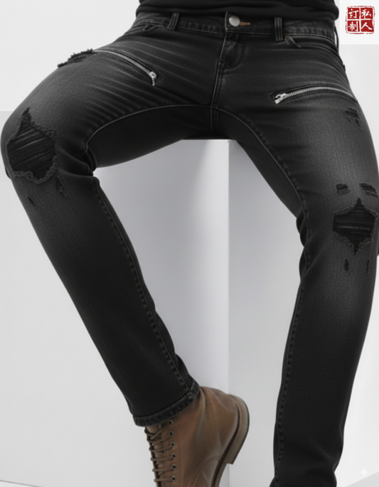 Special Edition Japanese Selvedge Fitted Denim Biker Destroyed Jeans Black