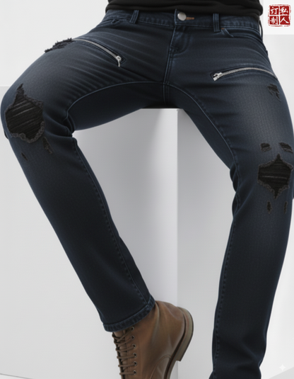 Special Edition Japanese Selvedge Fitted Denim Biker Destroyed Jeans Dark Navy