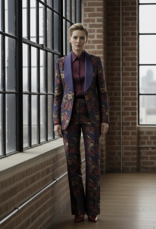 Women's Tuxedo Navy and Red and Gold Patterned Brocade Jacket / Style Number J39204/220