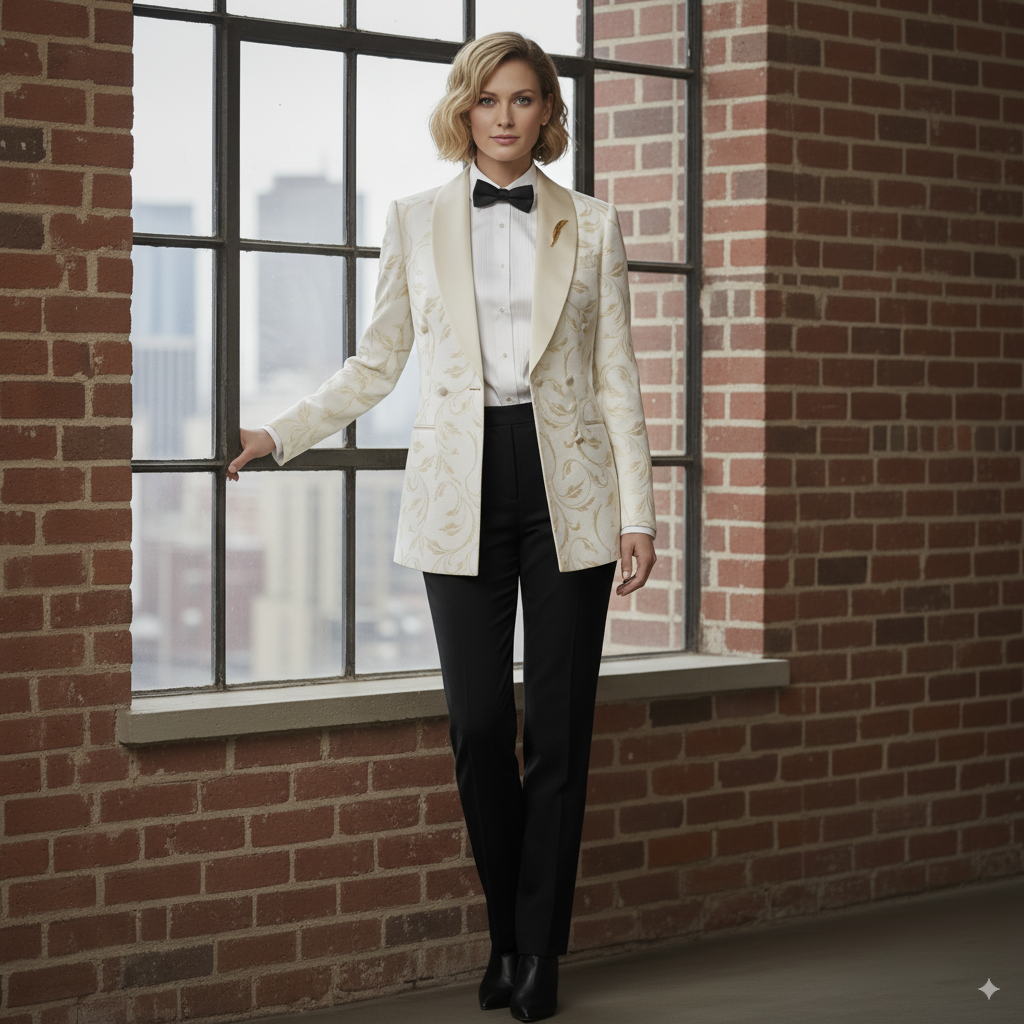 Women's Tuxedo Ivory and Gold Brocade Jacket, Style Number J39109/200