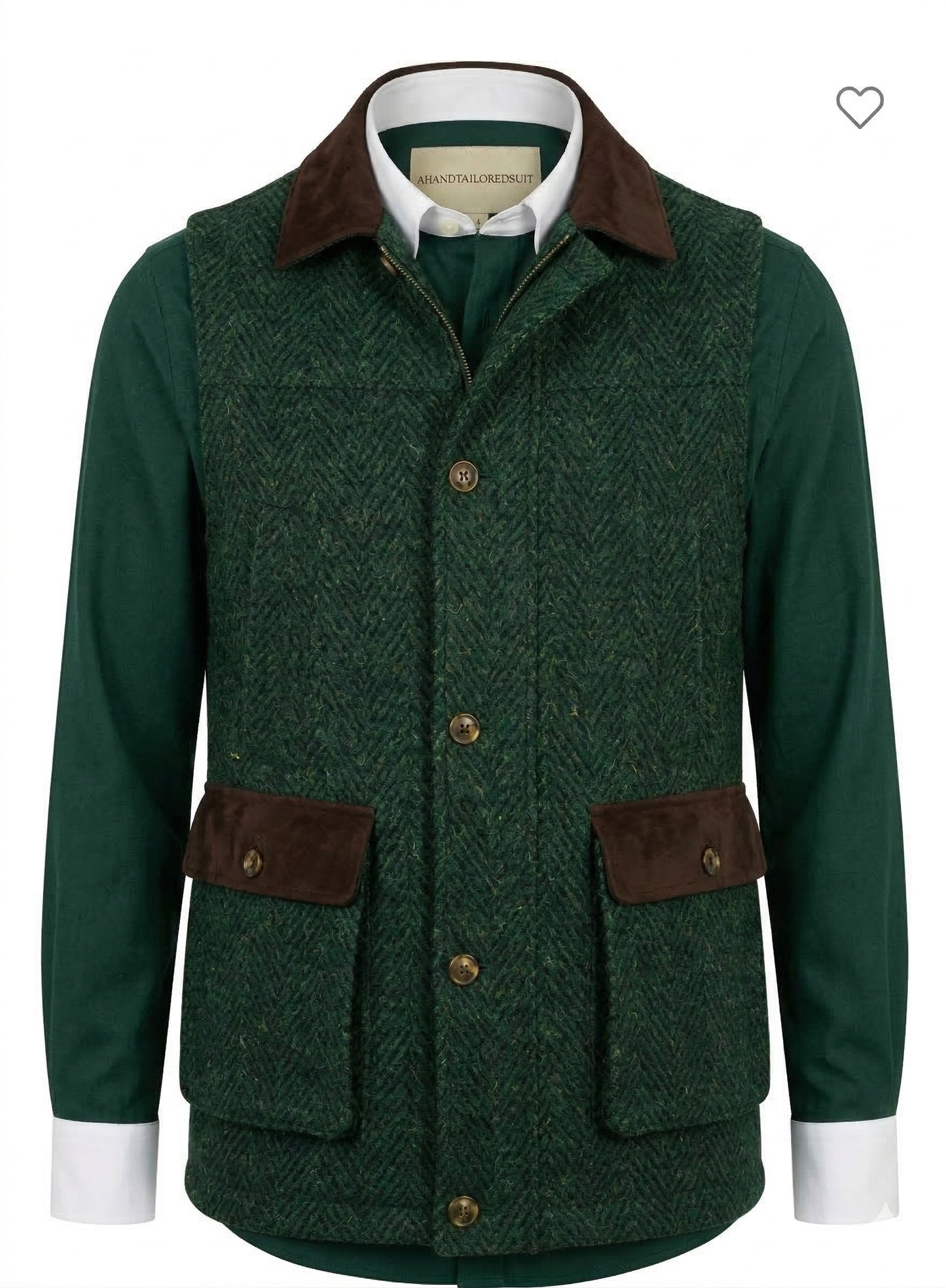 Green Gilet with brown accents on a white background