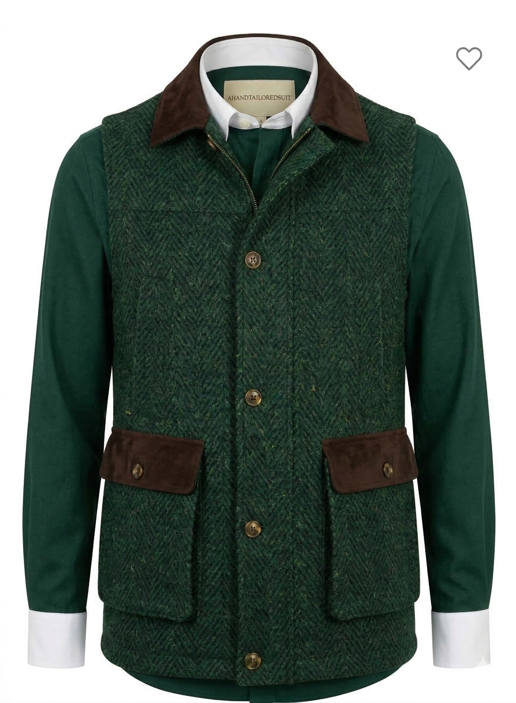 Green Gilet with brown accents on a white background
