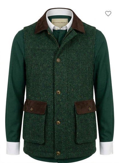 Green Gilet with brown accents on a white background