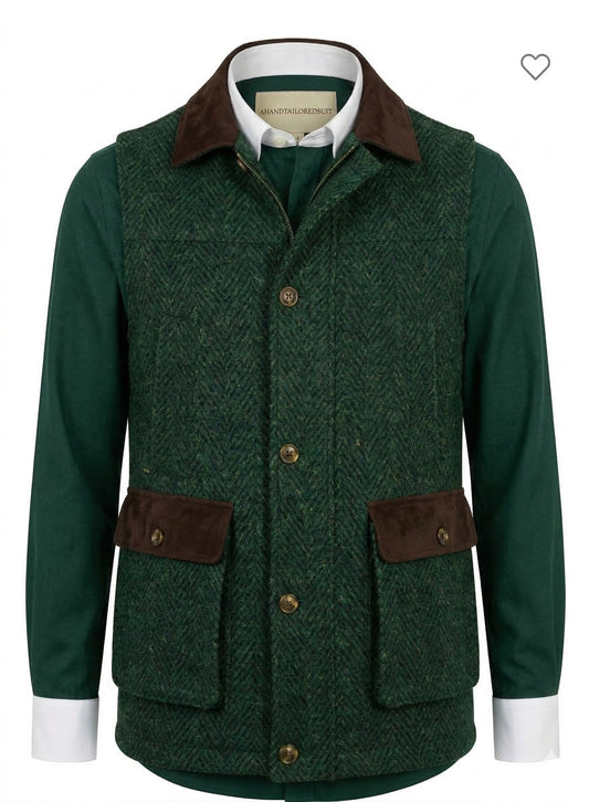 Green Gilet with brown accents on a white background