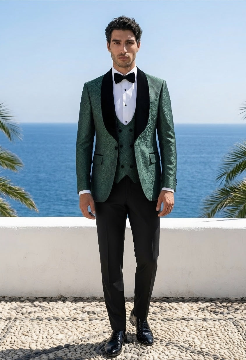 Green Jacquard Single Breasted Tuxedo Jacket + Waistcoat and Black Formal Trousers