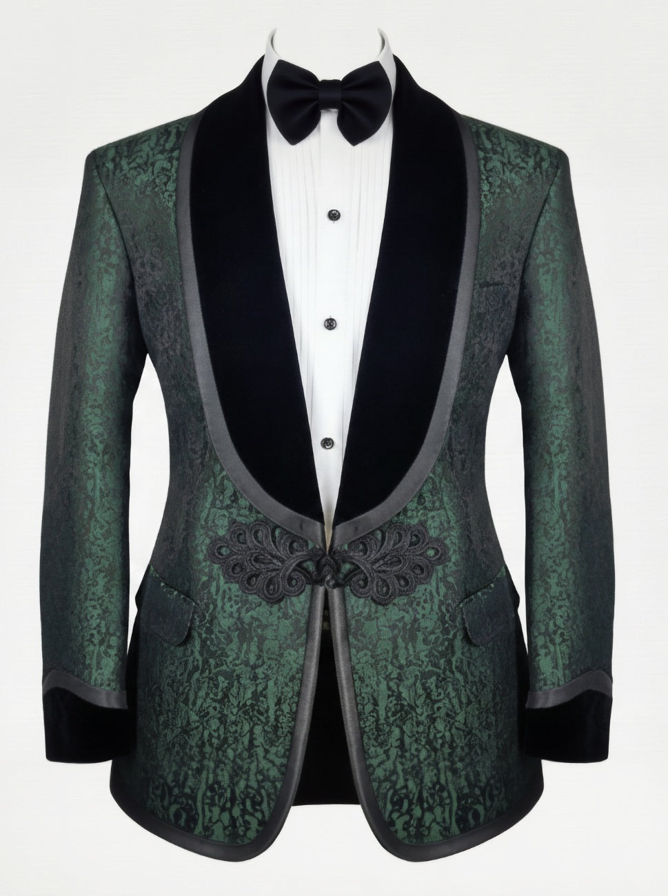 2pc Green Jacquard Single Breasted Tuxedo Jacket + Waistcoat and Black Formal Trousers / Italian Pure Wool