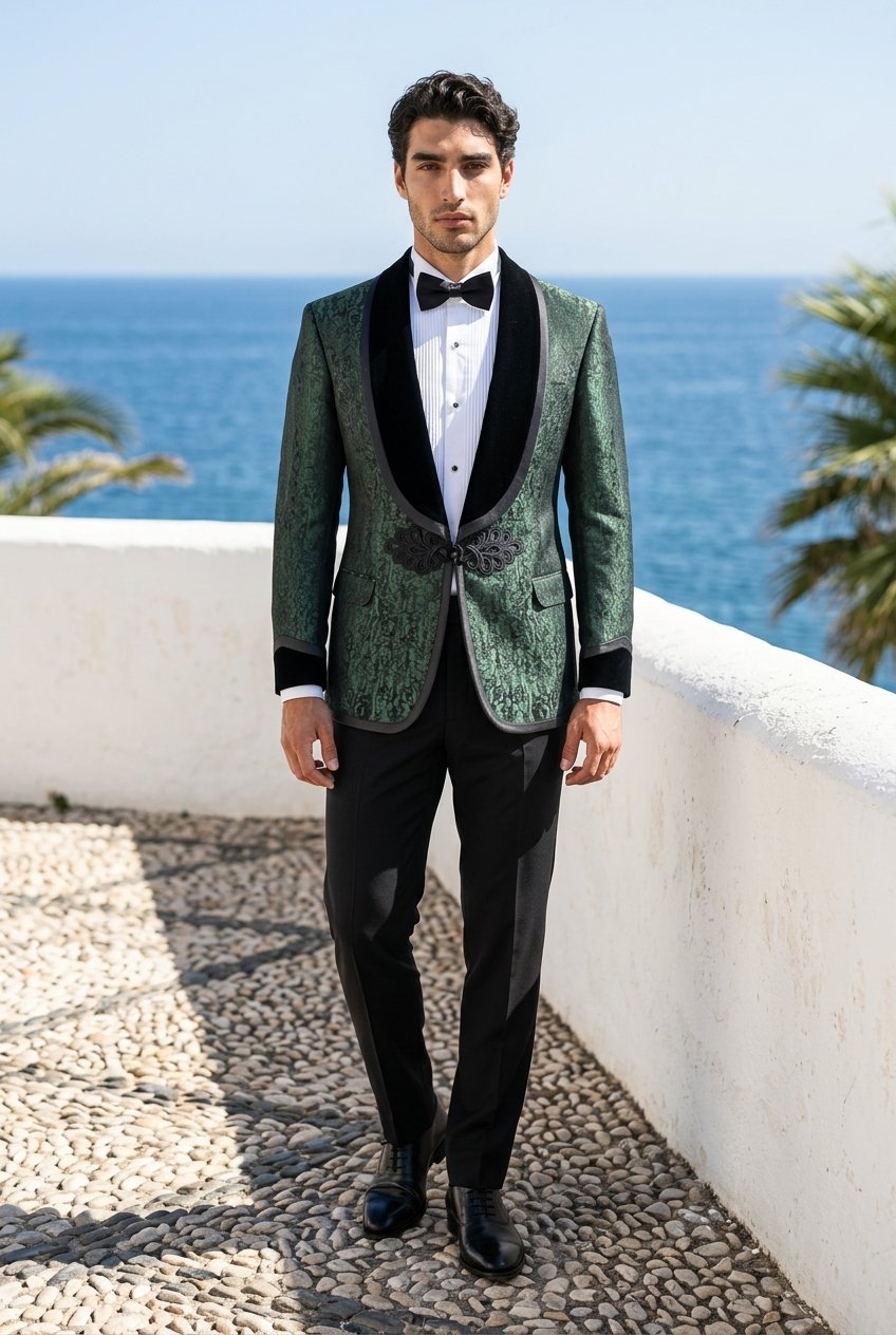 Green Jacquard Single Breasted Tuxedo Jacket and Black Formal Trousers