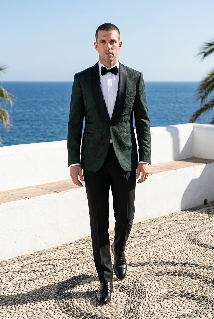 Green Jacquard Single Breasted Tuxedo Jacket and Black Formal Trousers / Italian Pure Wool