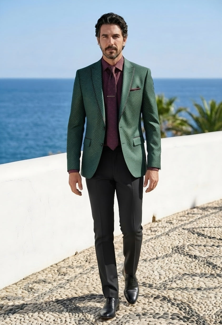 Green Polka Dot Single Breasted Tuxedo Jacket and Black Formal Trousers