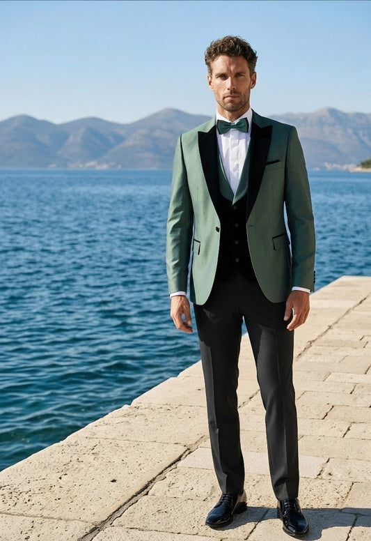Green Single Breasted Tuxedo Jacket + Waistcoat and Black Formal Trousers 