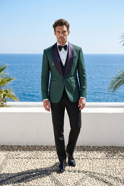 Green Textured Single Breasted Tuxedo Jacket + Waistcoat and Black Formal Trousers 