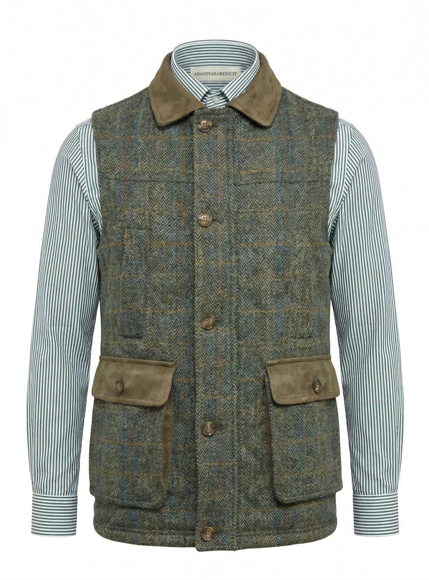 Green checkered vest over a striped shirt on a white background
