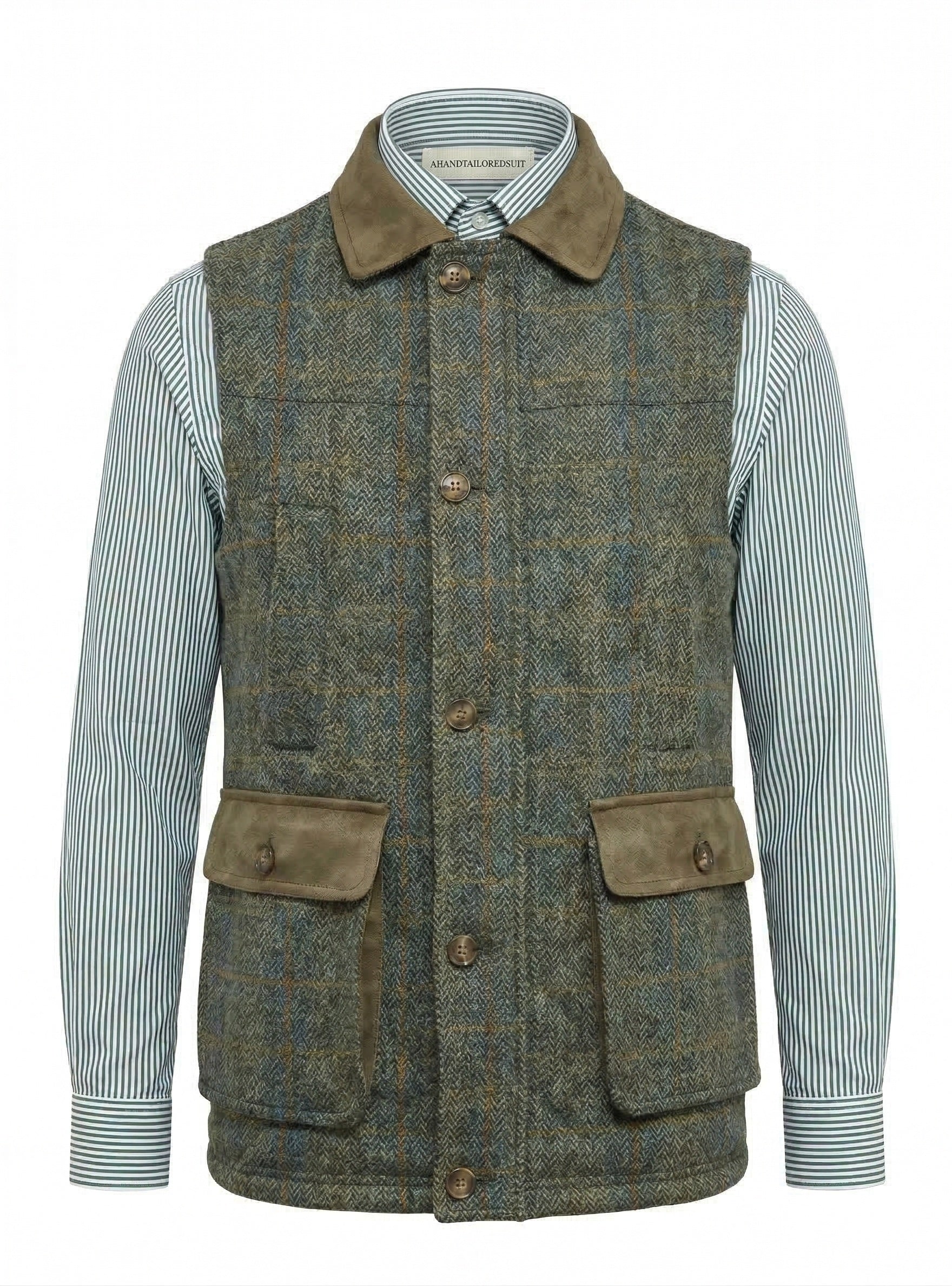 Green checkered vest over a striped shirt on a white background