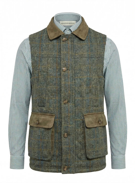 Green checkered vest over a striped shirt on a white background
