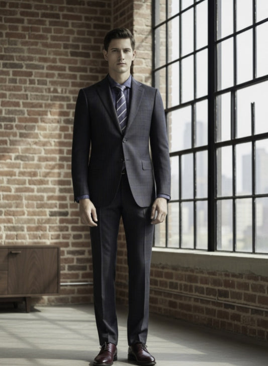 Grey / Blue Check Single Breasted / Two Piece Suit Italian Pure Wool Super 110'S